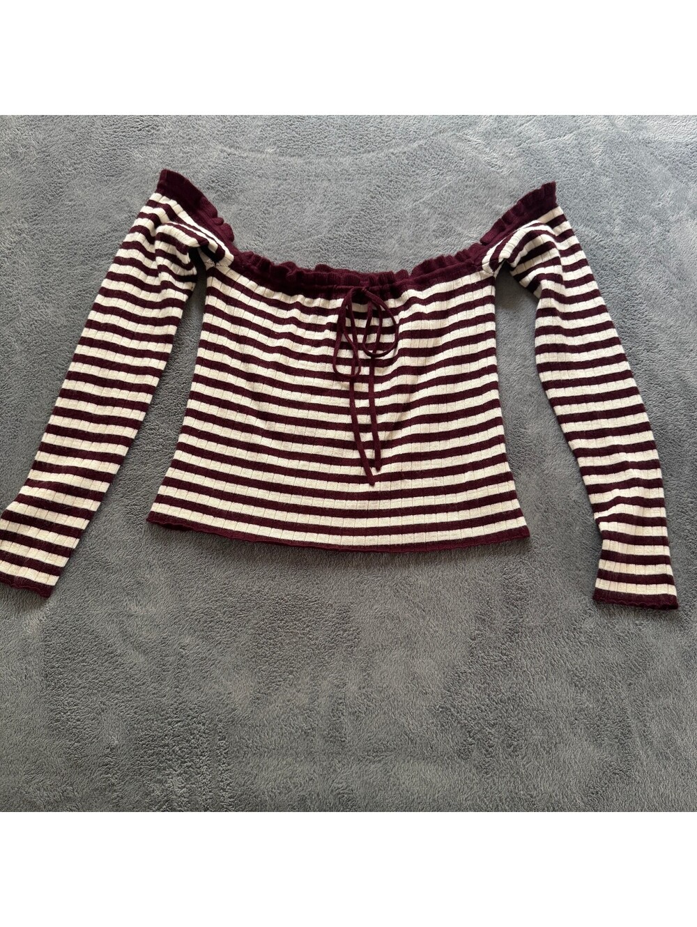 Forever 21+ Striped Off Shoulder Top 0X Burgundy Cream Ribbed Wool Blend Knit